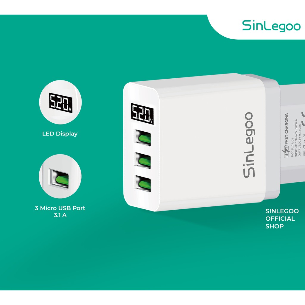 Travel Adaptor Charger Sinlegoo CR-05 CR05 LED Display Batok Kepala Charger 3 Port