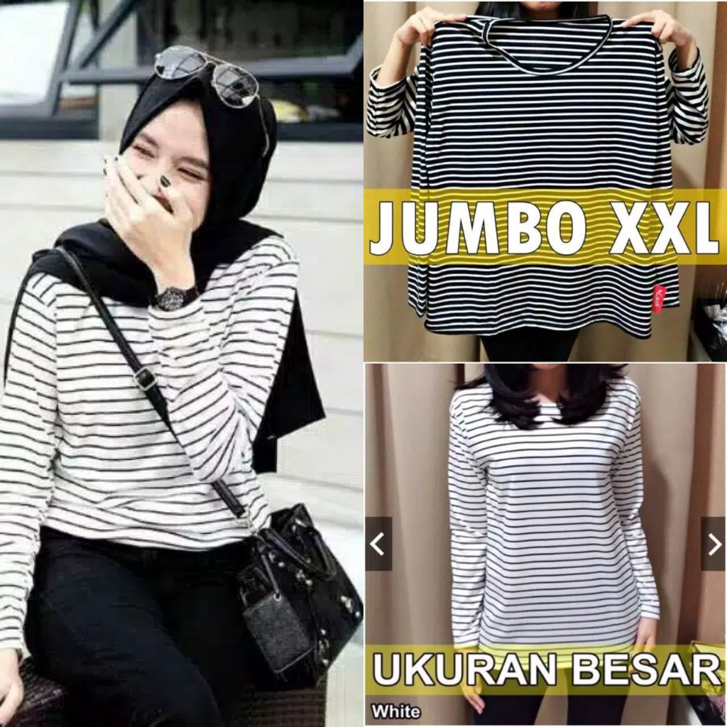 Pakaian Baju Atasan Blouse Blus Kaos O neck Oneck Adem Belang Salur Motif Garis Hitam Putih Bahan Sp