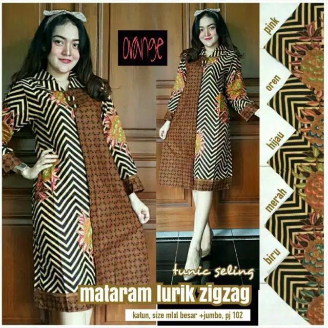 Batik wanita tunik Mataram lurik zigzag modern kekinian pakaian kerja kantor kondangan atasan murah