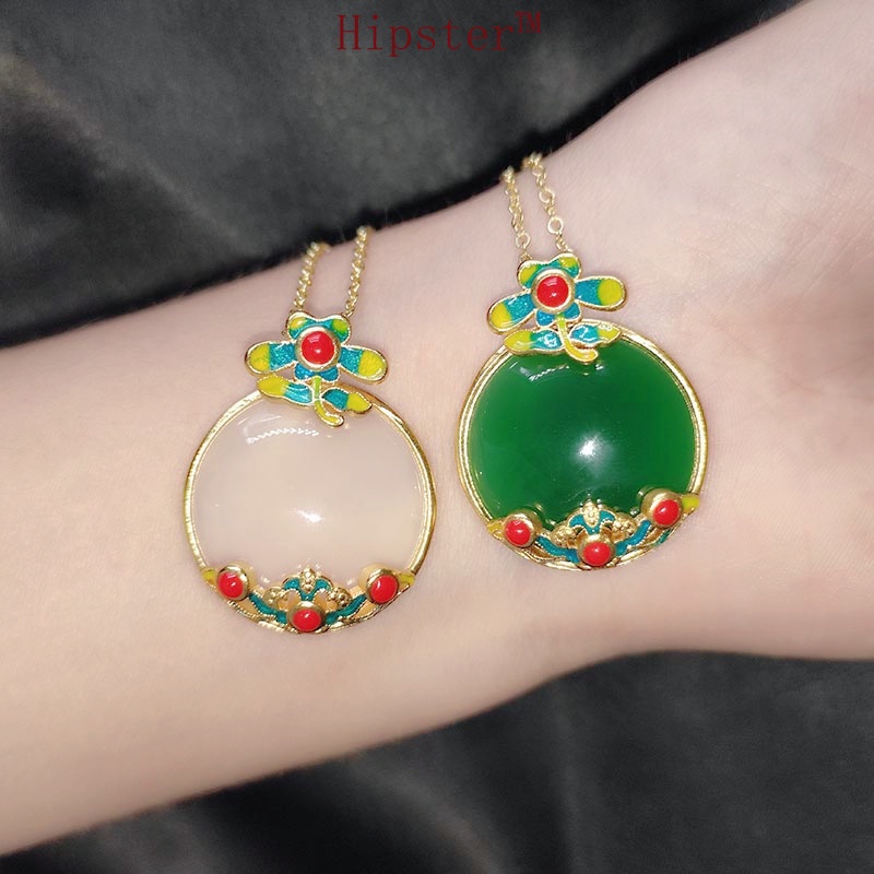 Gold Inlaid with Jade Craft Necklace Pendant for Women