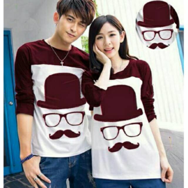 Kaos couple topi kumis maron lengan panjang - baju pasangan