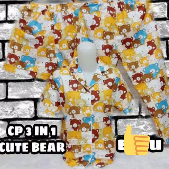 LFF - Piyama 3in1 Piyama Baju Tidur Motif Teddy Bear Size L Fit To XL