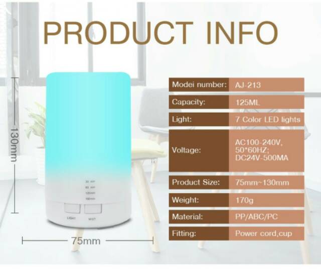 DIFFUSER ULTRASONIC HUMIDIFIER PURIFIER AROMATHERAPY DENGAN LAMPU RGB PENGHARUM RUANGAN 125ML