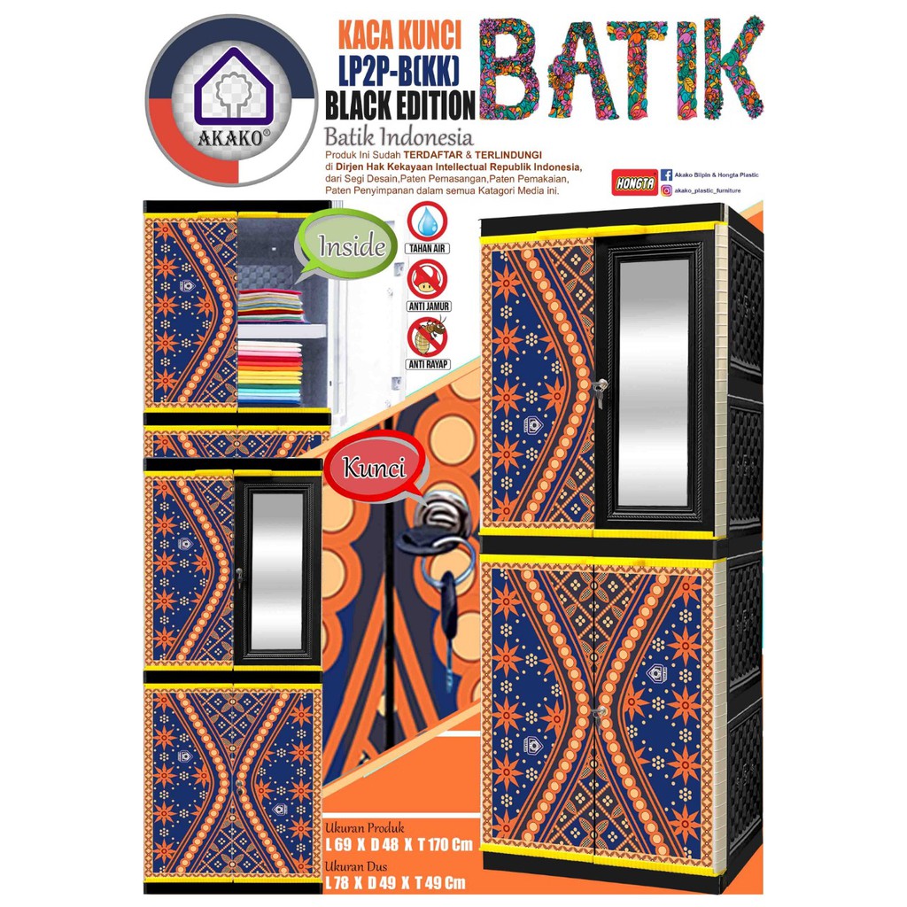 LEMARI PAKAIAN PLASTIK JUMBO MOTIF BATIK 4 SUSUN KACA