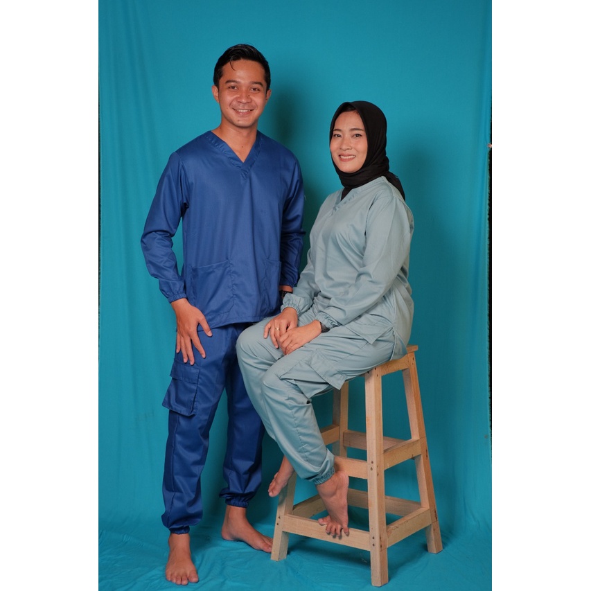 Baju Ok Oka Jogger Cargo | Baju Jaga Dokter Scrub Medis Perawat Lengan Panjang Karet | Bahan Toyobo