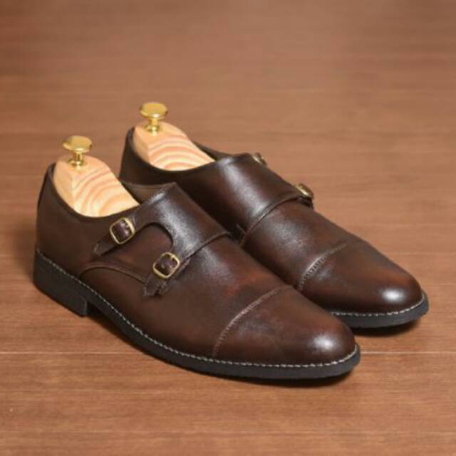 Sepatu Azcost Monkstrap pantofel elegant trendy kulit pull up brown pria