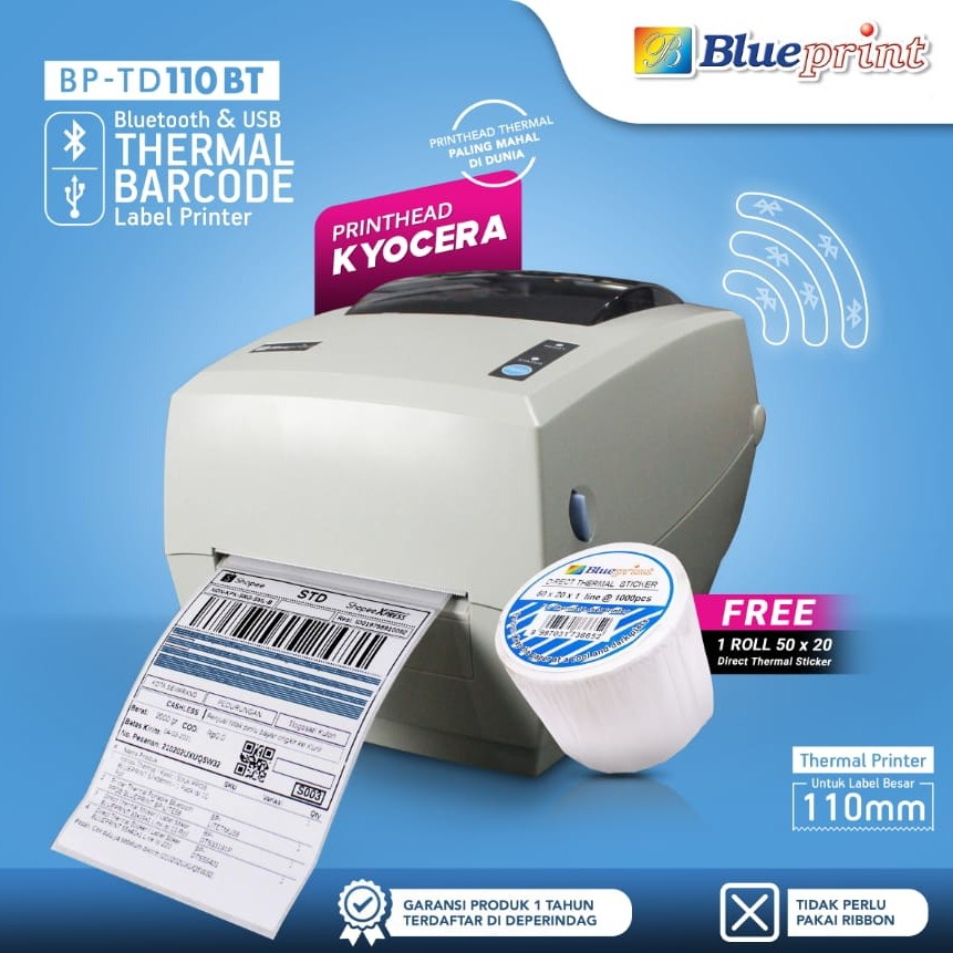 Printer Thermal Barcode Resi Bluetooth BLUEPRINT BP TD110BT Resmi