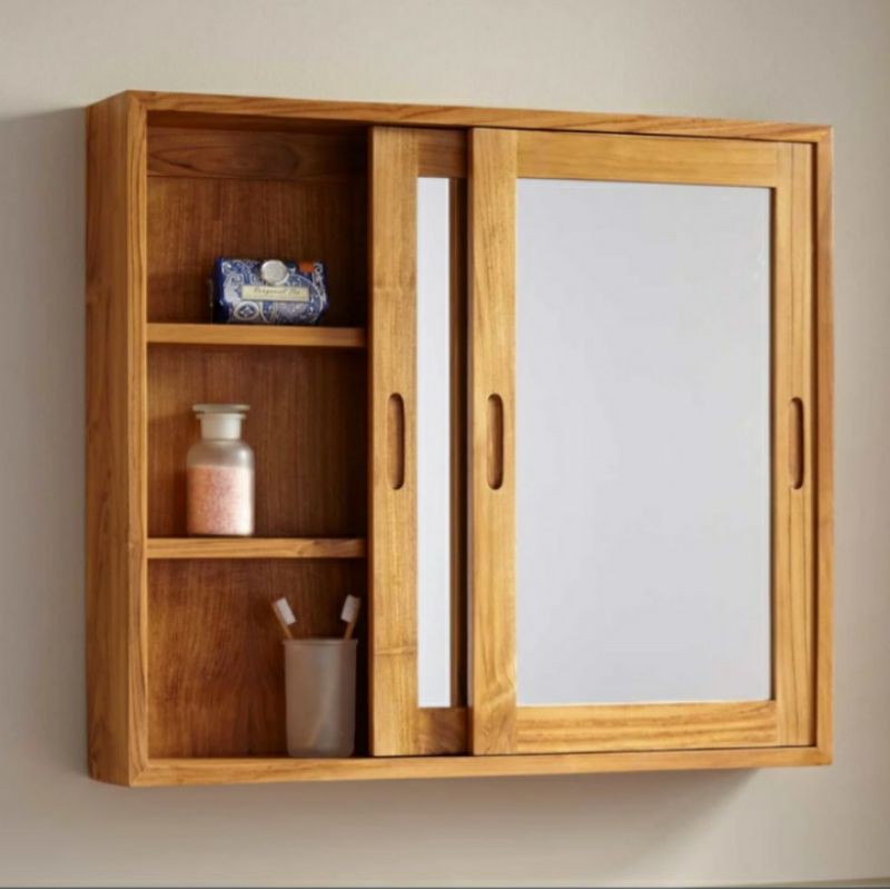 Rak Dinding Cermin Washtafel Sleding Cermin Kamar Mandi Rak Gantung Kayu Jati Barokah Furniture