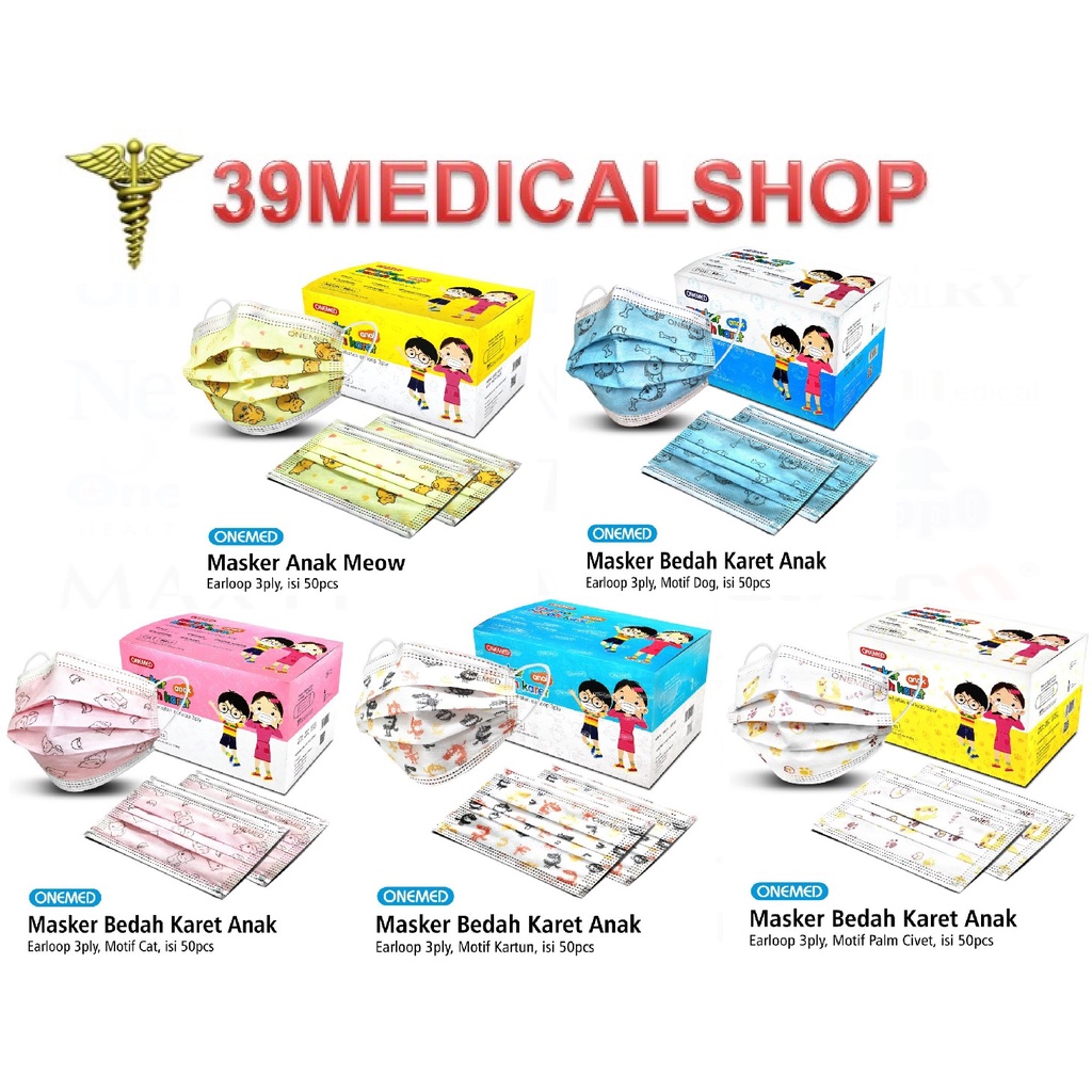 Masker Medis Karet Anak OneMed Box Isi 50Pcs/ Masker Earloop 3ply Motif Kid Onemed isi 50pcs