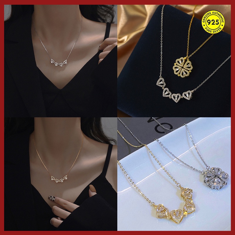 Kalung Rantai Lapis Emas 18k Dengan Liontin Daun Clover + Berlian Imitasi Untuk Wanita