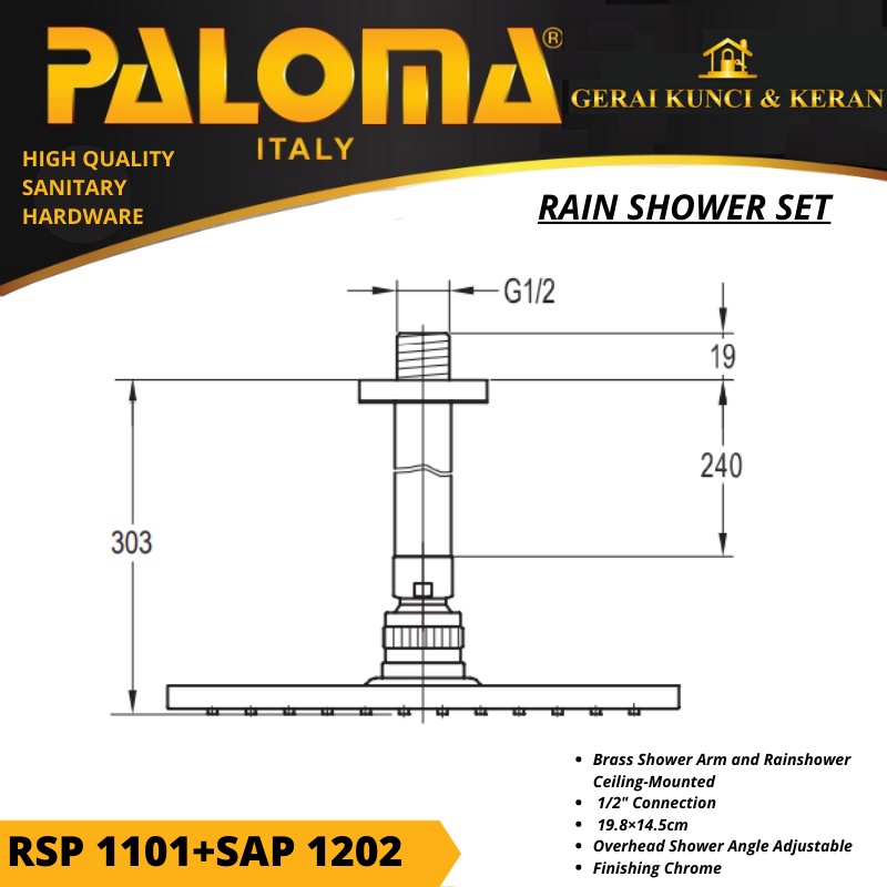PALOMA RAINSHOWER SET RSP 1101 SAP 1202 BRASS CHROME KEPALA SHOWER