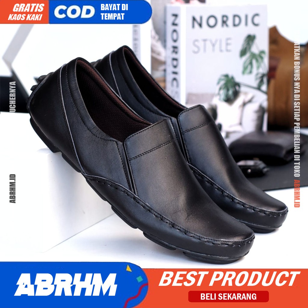 ABRHM X NIBA Sepatu Slip On Pria Kulit Asli Sepatu Pria Pantofel Kerja Sepatu Kasual Cowok / Cowo Santai Kekinian Original