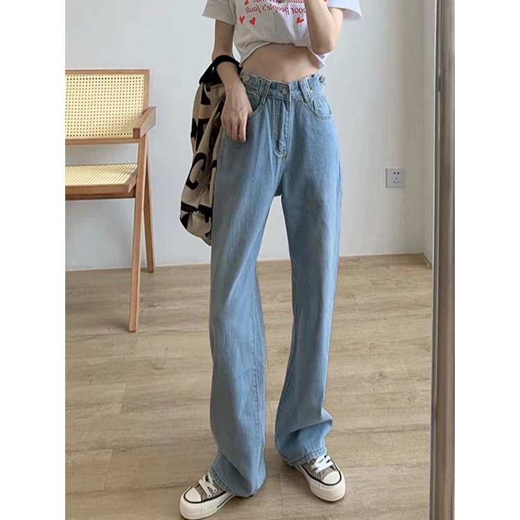 ✅COD Retro pinggang tinggi longgar lurus denim gadis mahasiswa celana lebar kaki serbaguna jeans