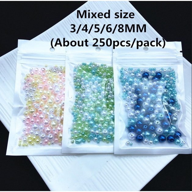 250Pcs Manik-Manik Mutiara Imitasi Bahan Akrilik Ukuran Campur 3 / 4 / 5 / 6 / 8mm Untuk Nail Art