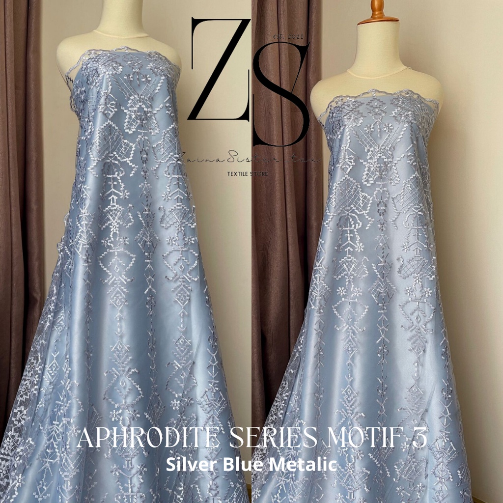 Bahan Kain Kebaya Brukat Tile Tille Bordir Premium Etnik Aphrodite Series Motif 3 Warna Silver Blue 