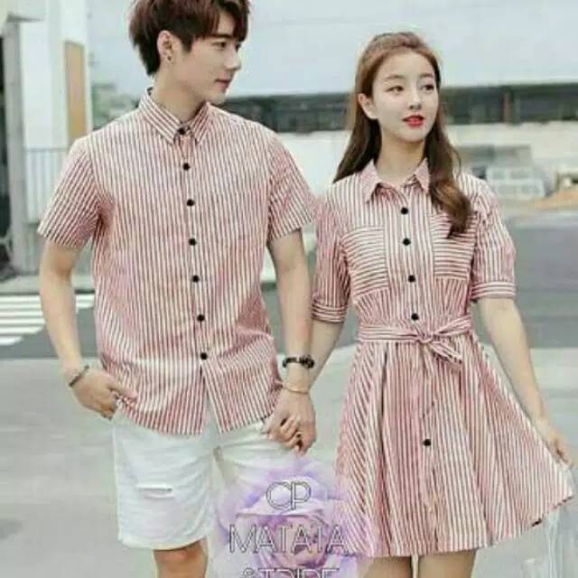 Dress couple salur salem lengan pendek - terusan pasangan ala korea