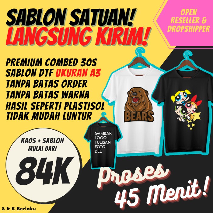 Sablon Kaos Satuan/ Custom Kaos/ Sablon DTF - A3 (Dapat KAOS + SABLON)