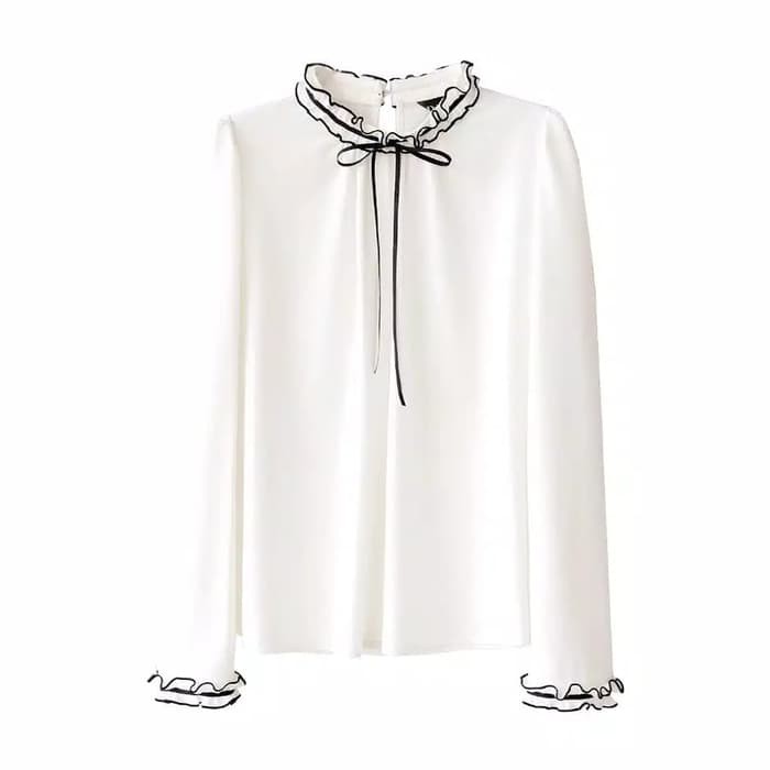 Unik BAJU WANITA ATASAN BLOUSE TANGAN PANJANG GAYA KOREA VARIASI PITA LEHER Murah