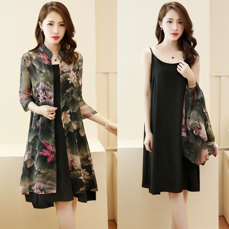 2Pcs / Set Dress Model A-Line Versi Korea Motif Bunga Ada Ukuran Besar untuk Wanita