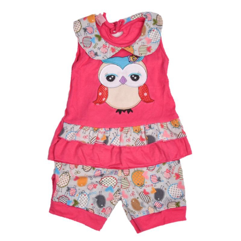 SETELAN BAJU ANAK PEREMPUAN MOTIF OWL 1-2 TAHUN WARNA PINK FANTA BIRU