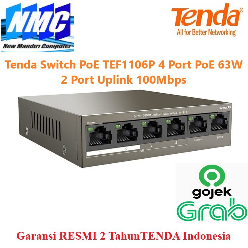 Tenda Switch PoE TEF1106P 4 Port PoE 63W 2 Port Uplink 100Mbps 1106 P
