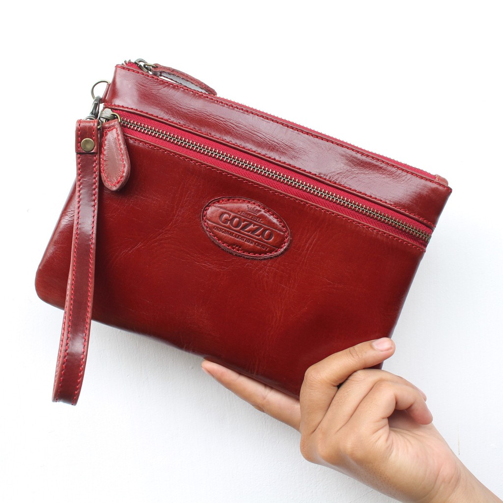 CLUTCH WANITA KULIT SAPI PULL UP ASLI LAILY DOUBLE ZIPPER MAROON / FREE GRAVIR NAMA