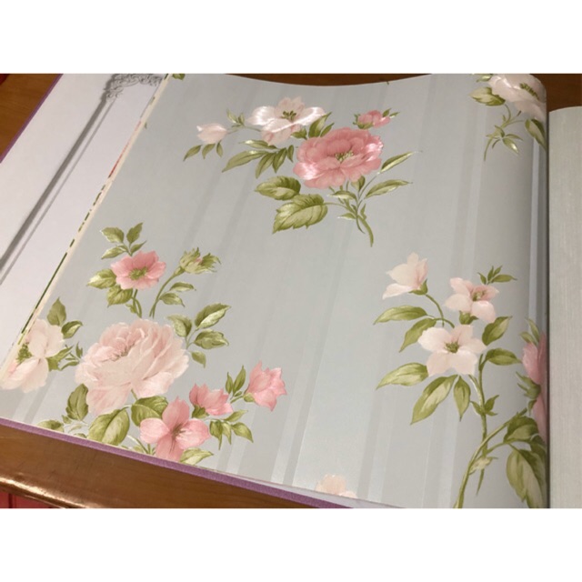 Wallpaper Dinding Bunga Pink shabby Dasar Biru Mewah