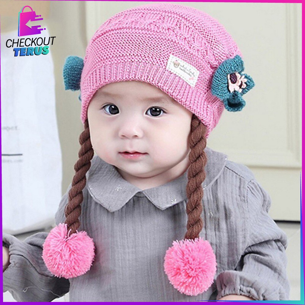 CT P19-21 Topi Anak Perempuan Rambut Kepang Topi Kupluk Bayi Rajut Imut Lucu Bunny Hat Baby Hat Wig Impor Lucu