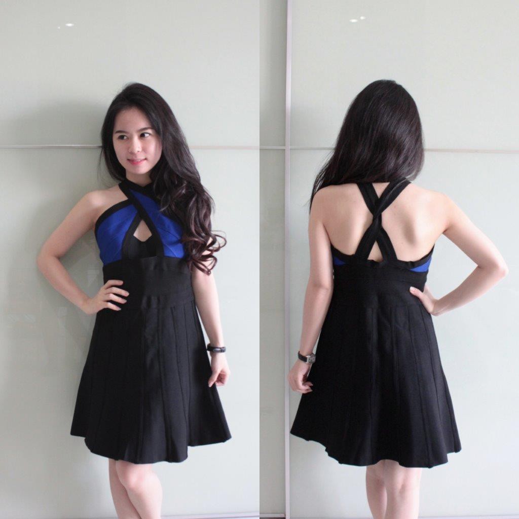 Dress Herve Leger blue black dress wanita dress pesta dress replika herve leger