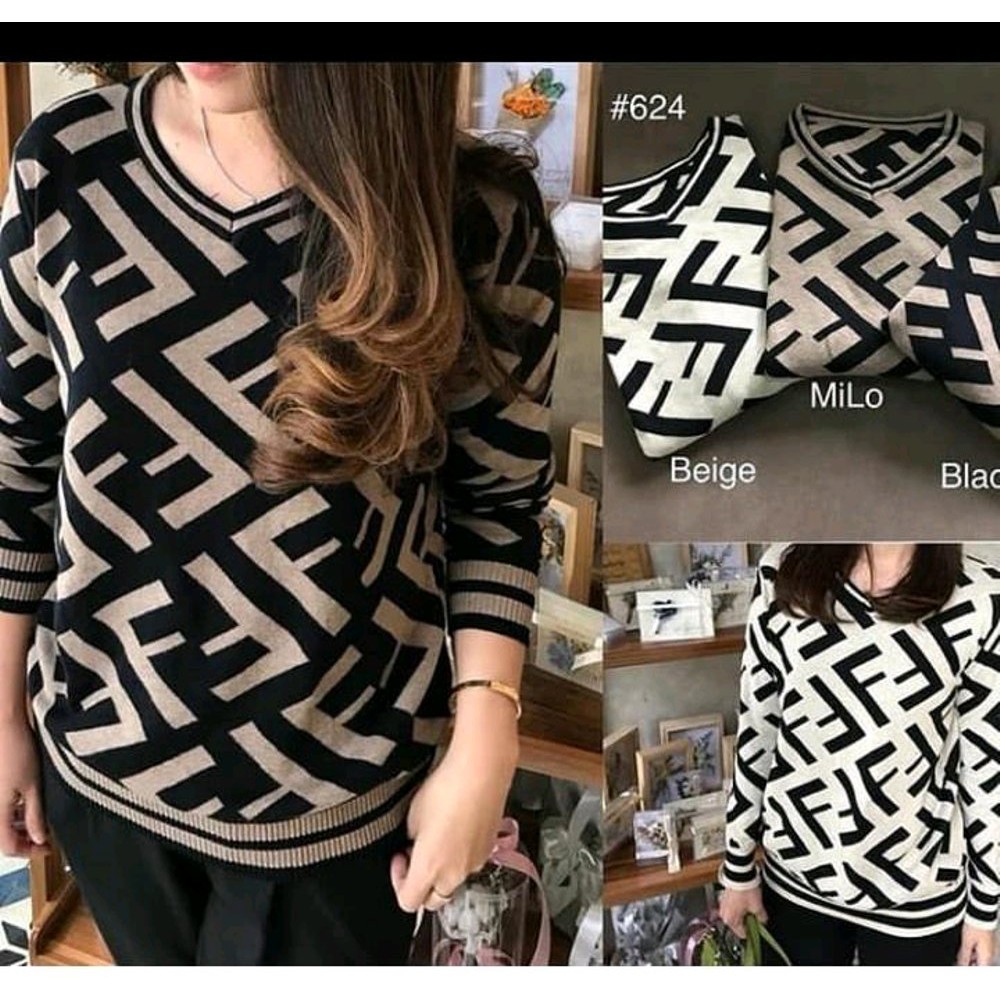 TERBARU atasan baju sweater rajut premium motif fendi miring logo SWEATER HITZ