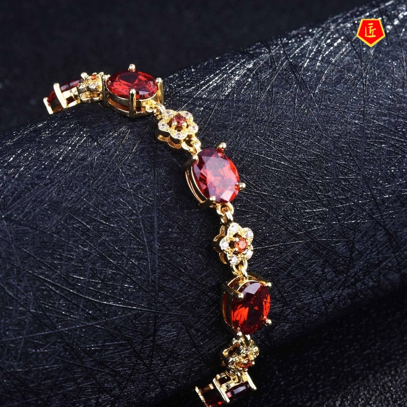 [Ready Stock]18K Gold Flower Inlaid Natural Garnet Bracelet