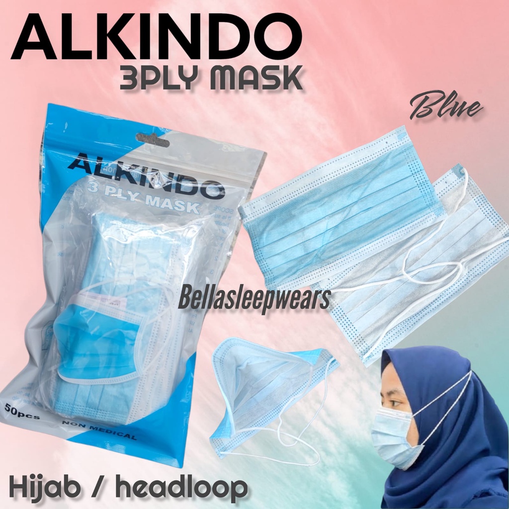 MASKER 3PLY ALKINDO HIJAB BIRU HEADLOOP DISPOSABLE MASK TANPA POUCH