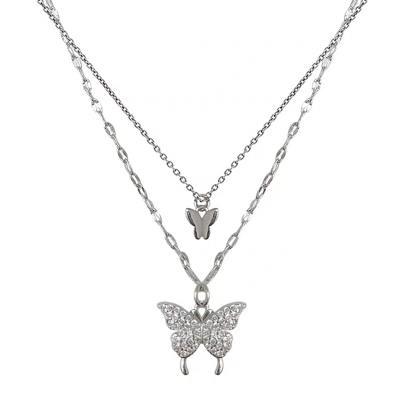 2021 Fashion baru diamond butterfly double-layer kalung wanita titanium steel niche rasa desain gaya