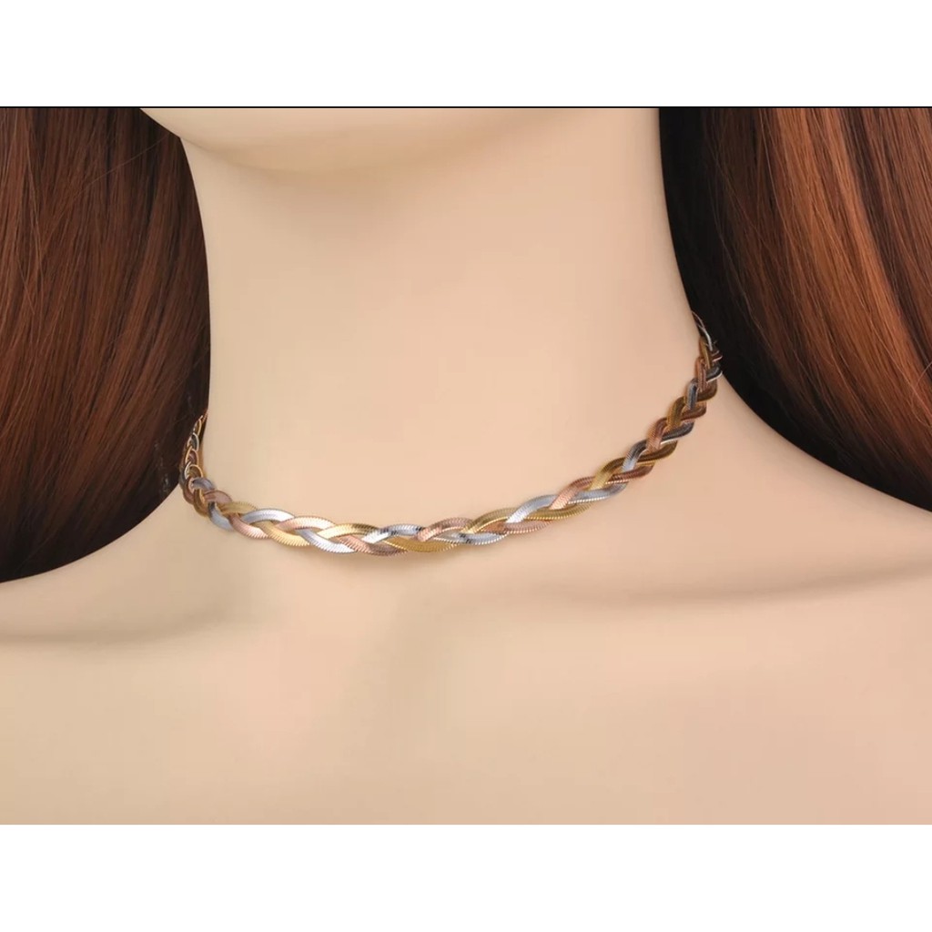 Kalung Choker Titanium Rajut Belut Gepeng Kombinasi Warna Rosegold, Gold dan Silver