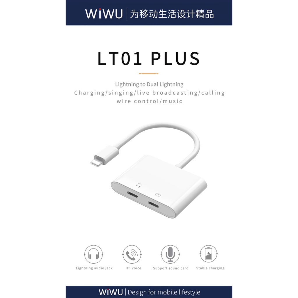 WIWU LT01 PLUS - Lightning to Dual Lightning Audio Adapter - Adapter Audio untuk Smartphone dengan port Lightning