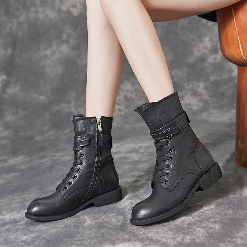 Sepatu Boot Kulit Wanita Branded Lace-Up Martin Boots Asli Kepribaan Bot Militer Kulit Domba Gelap H