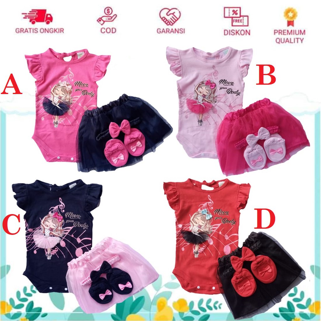 OMAHBAYI - Mi Angel Setelan Baju Jumpsuit dan Rok Tutu Anak Bayi Perempuan Usia 3-9 Bulan Free Banda