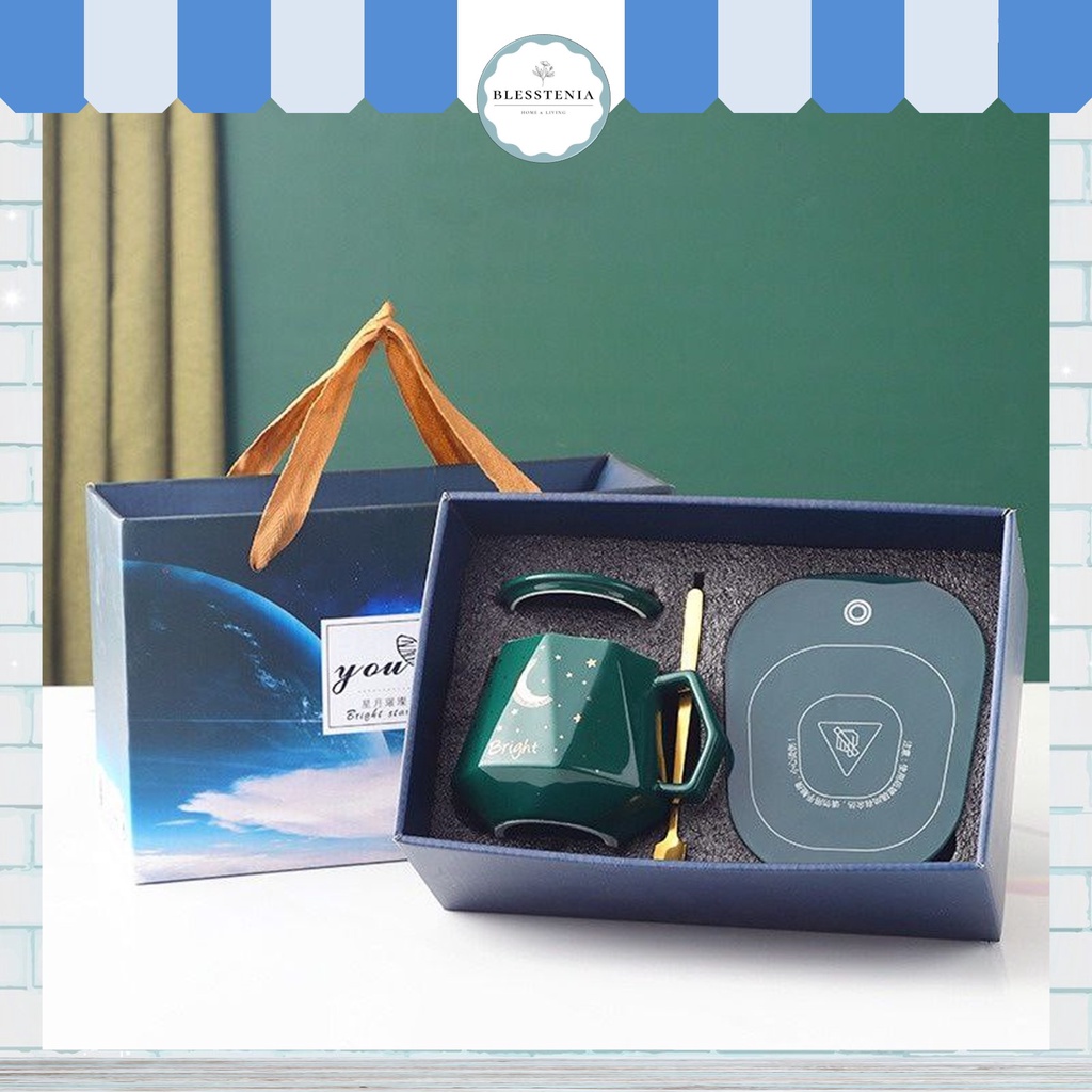 BLesstenia - Hampers Gelas Mug Keramik Starry Sky Diamond + Heater + Hard Box