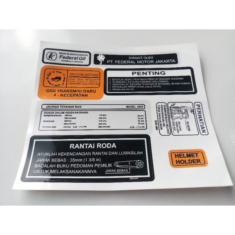 Stiker Keterangan Perhatian Penting Federal Oil Honda Astrea Grand Impresa Legenda Star Prima Supra