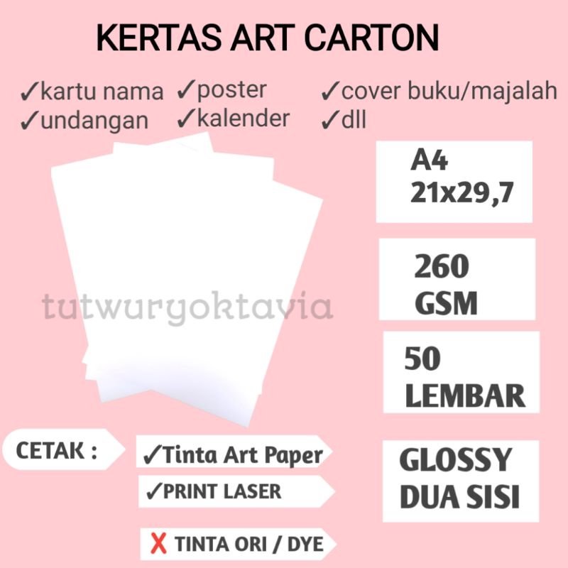 

Kertas art carton 260 gsm A4 isi 50 lembar