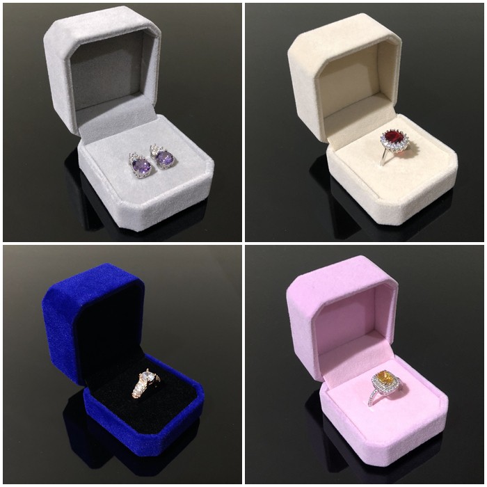 Kotak Cincin Anting Box Bahan Bludru Velvet Abu Abu Merah Pink Biru - BX003