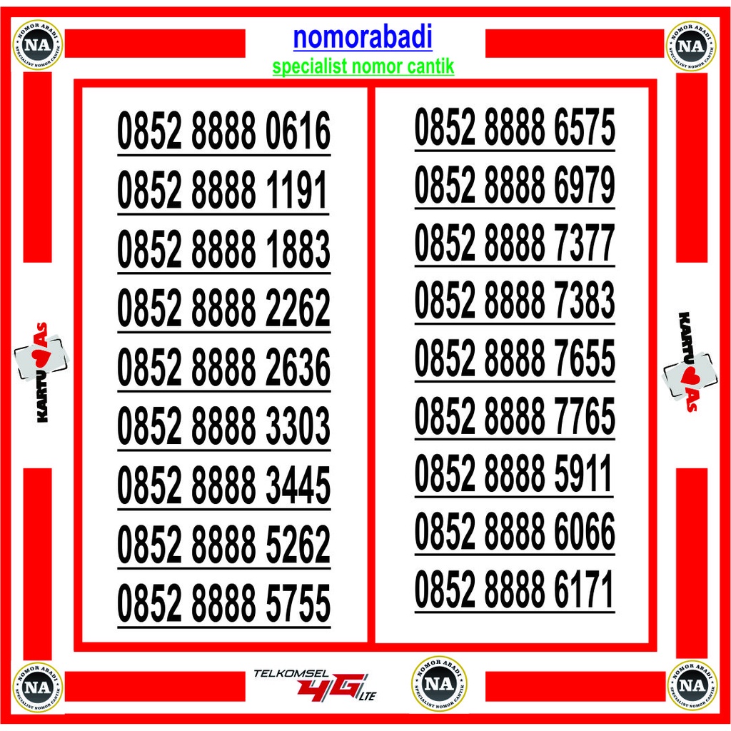 nomorcantik kartu perdana as 4G 0852 8888 XXXX H400
