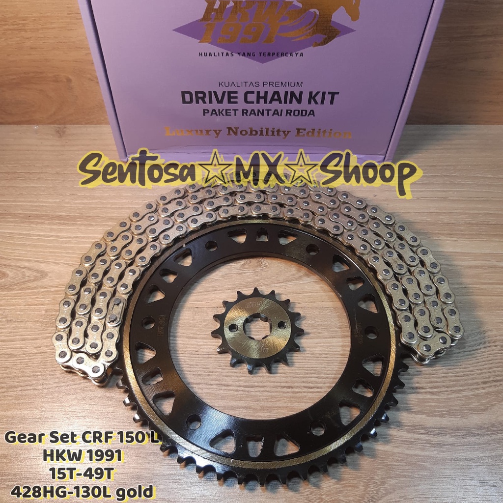 GIGI TARIK KOMPLIT - GEAR SET CRF150 L 15T - 49T / 428HG - 130L RANTAI GOLD HKW 1991 SEPUHAN