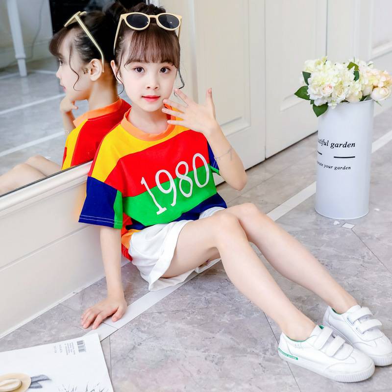 S03- Baju warna pelangi import Setelan Anak Perempuan Import