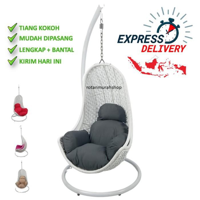Taman / Kursi Ayunan Gantung Inul Rotan Sintetis Gratis Ongkir - Putih, Bantal Hitam