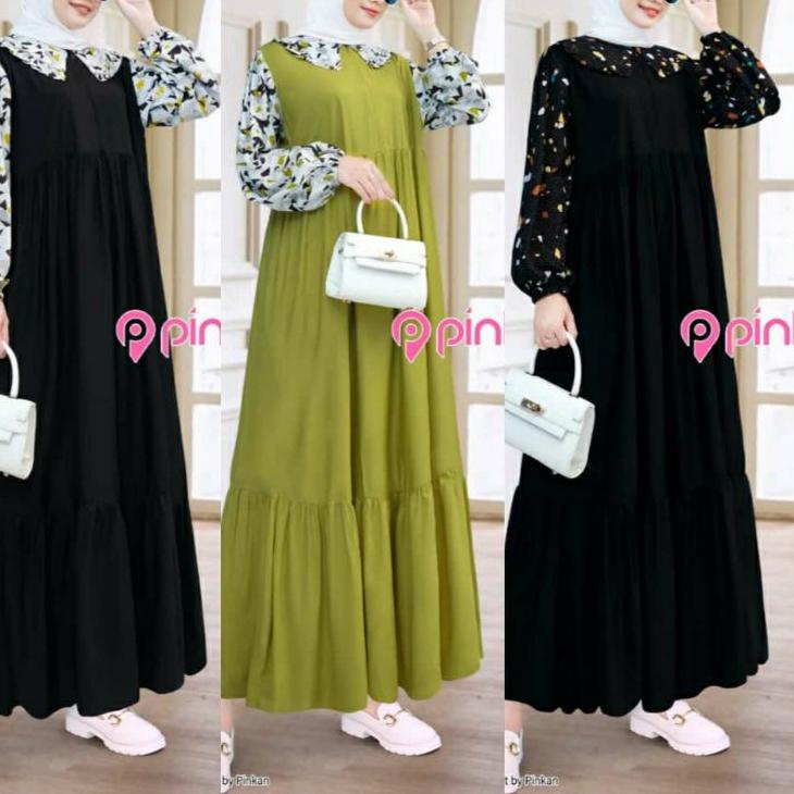 215 Midi Dress Kombinasi Polos Motif by PINKAN busui Nonbusui Collar Sahira Talita Gayola Kirana Air