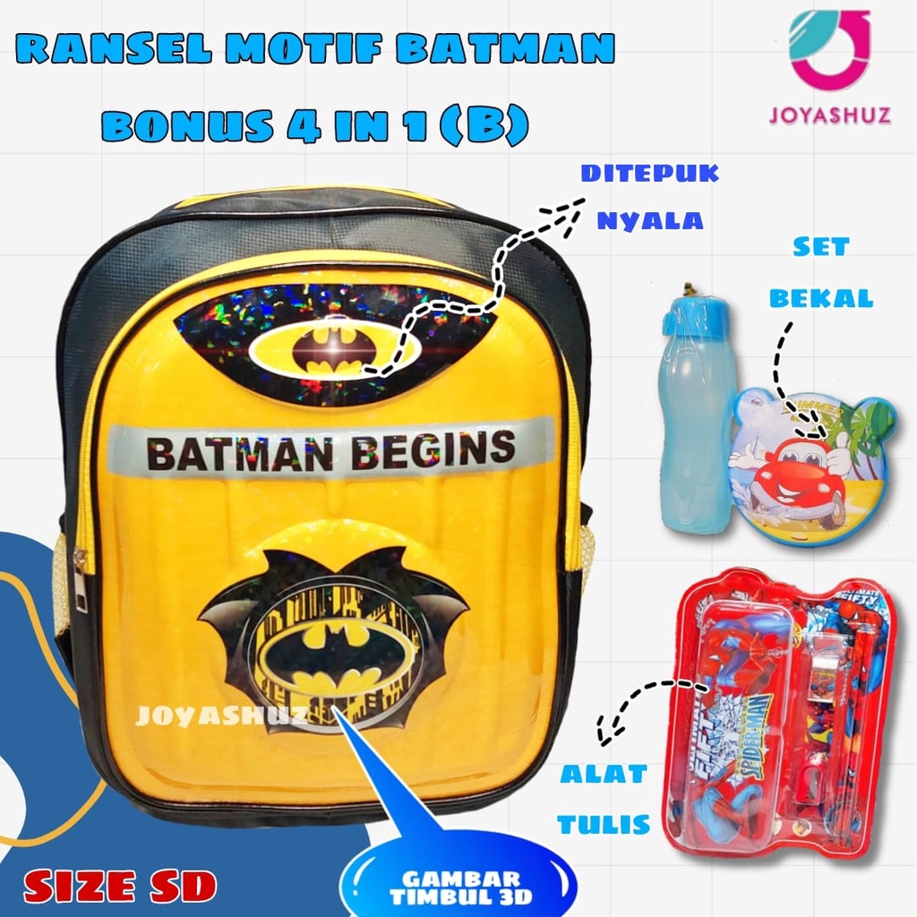 Tas Anak Laki Laki Karakter Batman Gratis Bonus - Ransel Anak Laki-laki - Ransel Anak SD -  Batman - Tas Gratis Botol -  Tas Sekolah Anak  - Batman - Tas  Batman - Joyashuz