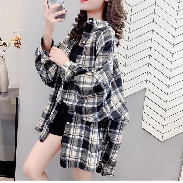 Korean blouse tartan kaos wanita Lengan panjang