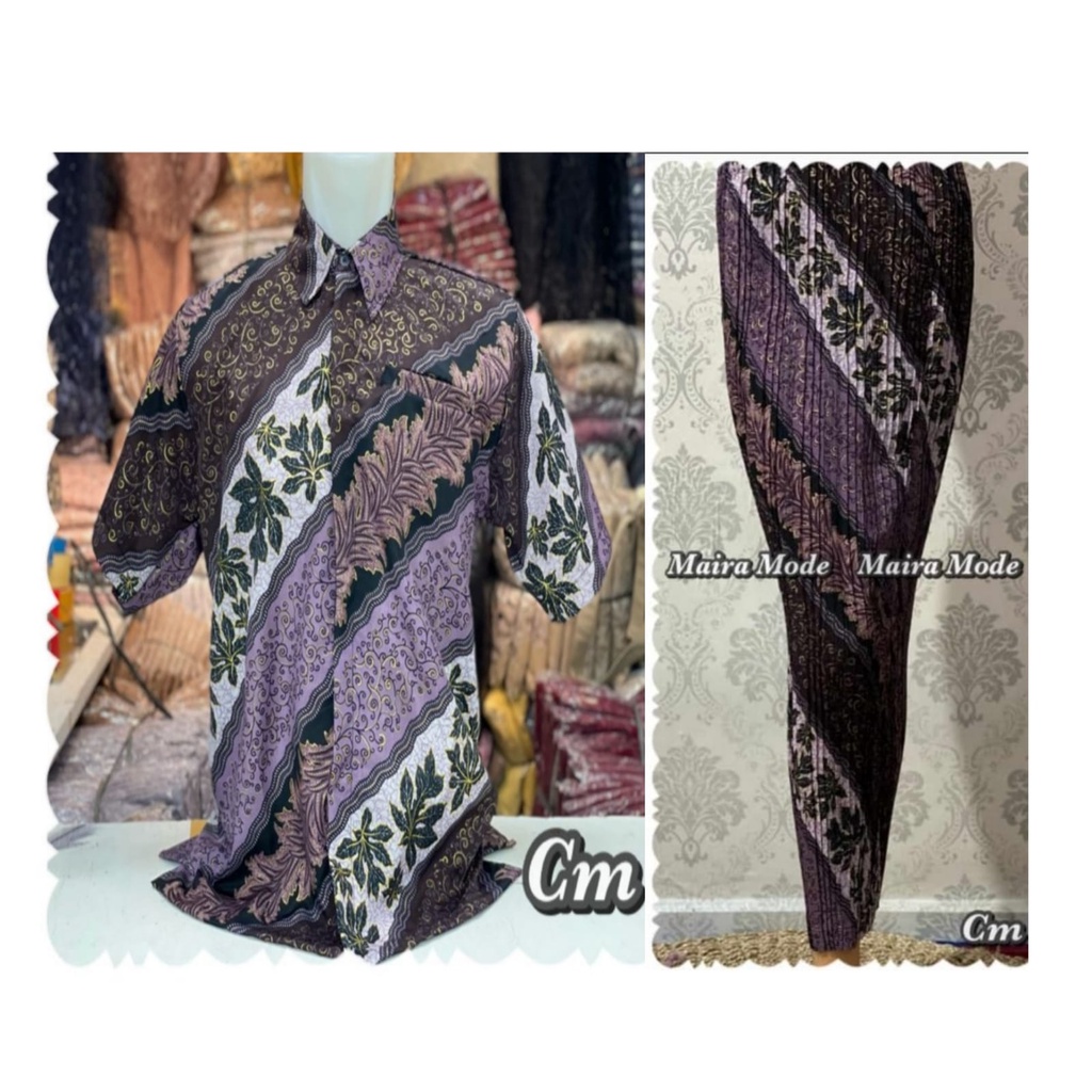 Couple batik kemeja dan rok plisket / set rok plisket dan kemeja batik / motif cm lilac