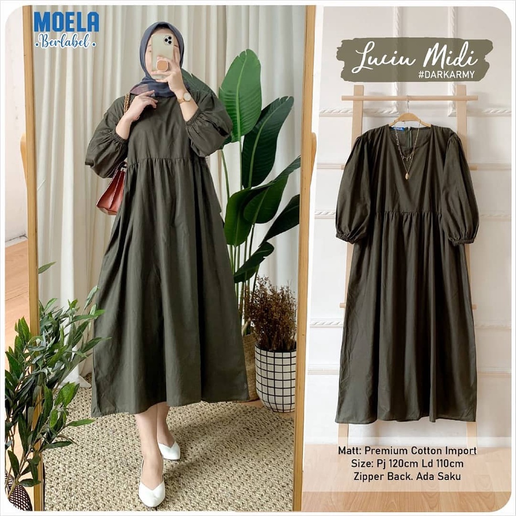 LUCIU Midi Dress Polos wanita Kekinian Terbaru Midi Dress Rayon  Polos Premium Moela